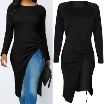 Chic Style Long Sleeve Round Neck Irregular Hem Solid Color Knotted Top