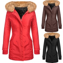 Fashion Solid Color Long Sleeve Faux Fur Spliced Hooded Slim Fit Padded Coat