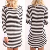Simple Style Long Sleeve Round Neck Striped T-shirt Dress