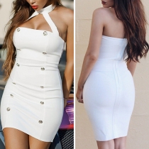Sexy Backless Double-breasted Solid Color Halter Tight Dress