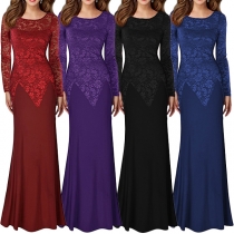 Sexy Lace Spliced Long Sleeve Round Neck High Waist Solid Color Party Dress