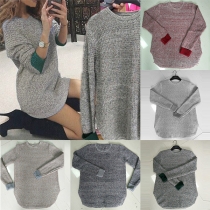 Fashion Mixed Color Long Sleeve Round Neck Sweater