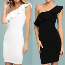 Sexy One-shoulder Ruffle Solid Color Slim Fit Party Dress