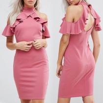 Sexy Backless Off-shoulder Ruffle Solid Color Slim Fit Party Dress