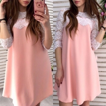 Fashion Lace Spliced 3/4 Sleeve Round Neck Loose Dress