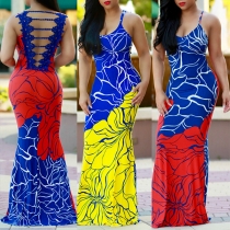 Sexy Backless Contrast Color Printed Party Dress