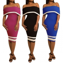Sexy Off-shoulder Boat Neck Contrast Color Tight Dress