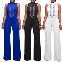 Sexy Hollow Out Gauze Spliced Sleeveless High Waist Solid Color Jumpsuit