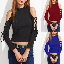Sexy Off-shoulder Lace-up Long Sleeve Mock Neck Solid Color T-shirt