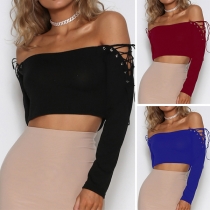 Sexy Off-shoulder Boat Neck Long Sleeve Solid Color Lace-up Crop Top