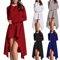 Fashion Solid Color Long Sleeve Hooded Irregular Hem Dress