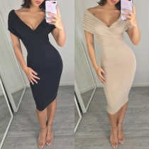 Sexy Deep V-neck High Waist Solid Color Tight Dress