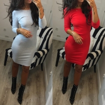 Sexy Backless 3/4 Sleeve Round Neck Solid Color Tight Dress