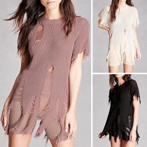 Chic Style Short Sleeve Round Neck Solid Color Ripped Knit Top