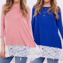 Fashion 3/4 Sleeve Round Neck Lace Spliced Loose T-shirt