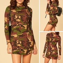 Fashion Camouflage Printed Long Sleeve Mock Neck Tight Dress