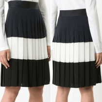 Fashion Contrast Color High Waist Pleated Skirt