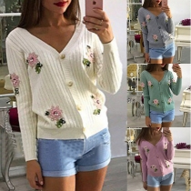 Fashion Solid Color Long Sleeve V-neck Pearl Embroidery Spliced Knit Cardigan 