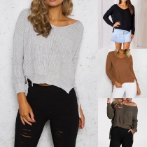 Fashion Long Sleeve V-neck Side Lace-up Solid Color Sweater