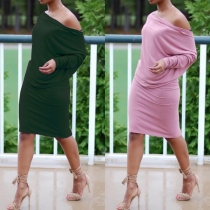 Sexy Oblique Shoulder Long Sleeve Solid Color Dress