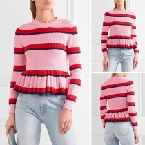 Fashion Long Sleeve Round Neck Ruffle Hem Contrast Color Striped Sweater
