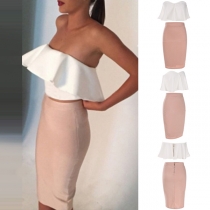 Sexy Ruffle Bandeau Top + High Waist Skirt Two-piece Set