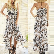 Sexy Backless V-neck High-low Hem Leopard Print Sling Dress