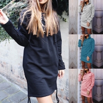 Fashion Solid Color Long Sleeve Hooded Lace-up Sweatshirt Dress