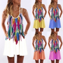 Fashion Colorful Feather Printed Sling Dress