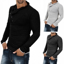 Fashion Solid Color Long Sleeve Oblique Buttons Men's T-shirt
