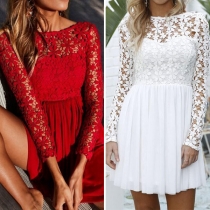 Sexy Backless Hollow Out Lace Spliced Long Sleeve Round Neck Dress