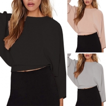 Sexy Back-slit Dolman Sleeve Round Neck Solid Color Chiffon Top