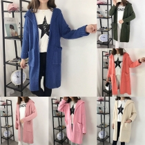 Fashion Solid Color Long Sleeve Hooded Open-front Knit Cardigan 