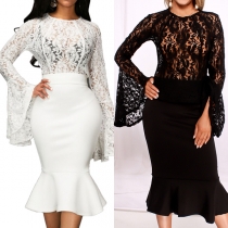Sexy Trumpet Sleeve See-through Lace Top + High Waist Fishtail Skirt Two-piece Set