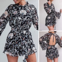 Sexy Backless Trumpet Sleeve Round Neck Printed Romper