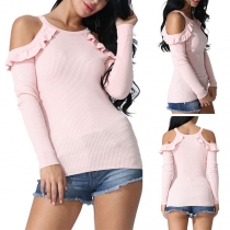 Sexy Off-shoulder Long Sleeve Ruffle Solid Color Knit Top
