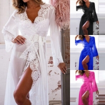 Sexy Lace Spliced Deep V-neck Long Sleeve Nightgown with Waist Strap