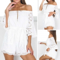 Sexy Off-shoulder Boat Neck Trumpet Sleeve Hollow Out Solid Color Romper