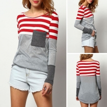 Fashion Contrast Color Long Sleeve Round Neck Striped Spliced T-shirt