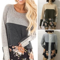 Fashion Lace Spliced Long Sleeve Round Neck Contrast Color Printed T-shirt