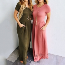 Fashion Short Sleeve Round Neck Hollow Out Hem Solid Color Maxi Dress