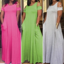 Sexy Off-shoulder Short Sleeve Round Neck Solid Color Maxi Dress