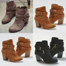 Fashion Thick High Heel Round Toe Buckle-strap Ankle Boots Booties