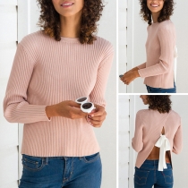 Sexy Back-slit Long Sleeve Round Neck Solid Color Knit Top
