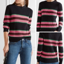 Fashion Long Sleeve Round Neck Contrast Color Striped Sweater