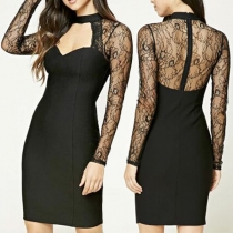 Sexy Hollow Out See-through Lace Spliced Slim Fit Party Dress