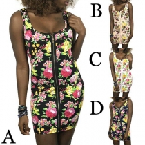Fashion Sleeveless Round Neck Slim Fit Zipper Printed Dress