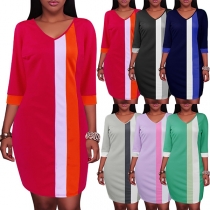 Fashion Contrast Color 3/4 Sleeve V-neck Slim Fit Dress