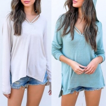 Fashion Solid Color Long Sleeve Slit Hem Hooded T-shirt