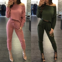 Chic Style Long Sleeve Ripped T-shirt + Elastic Waist Pants Two-piece Set
